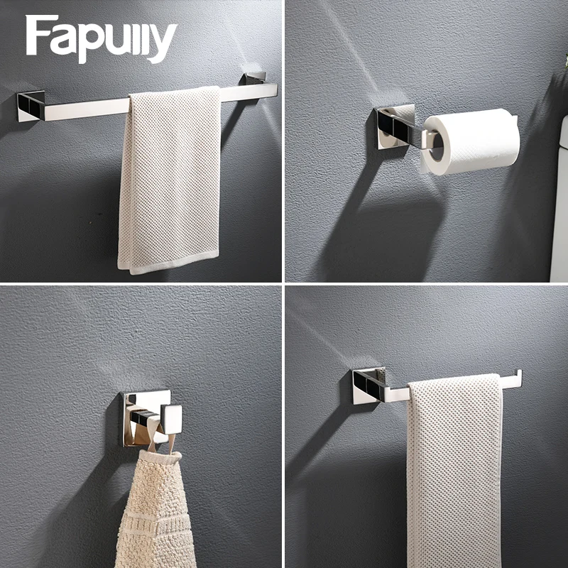 Kaufen Fapully Chrom Bad Zubehör 4 stücke Bad Sets 304 Edelstahl Handtuch Bar Papier Halter Haken Wand Aufhänger Hardware G118 4C