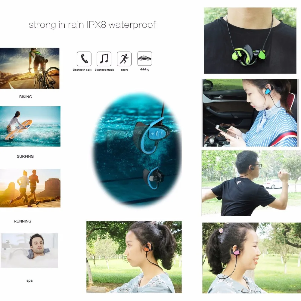 Bluetooth водонепроницаемые наушники IPX8 для спорта/плавания/велоспорта/бега/пешего туризма