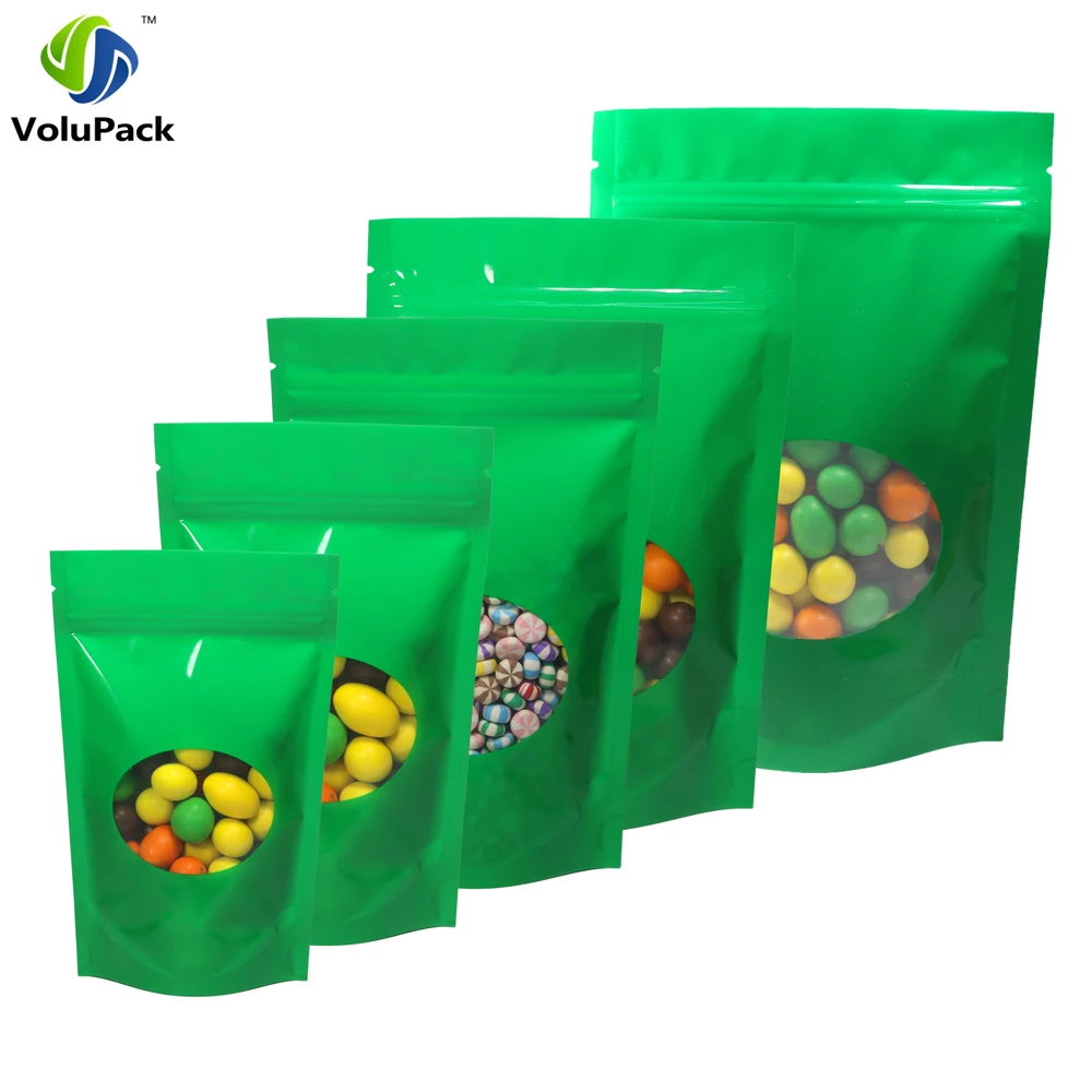 Various Sizes 100pc Glossy Green Aluminum Foil Mylar Package Bags With Oval Window Stand Up Zip
