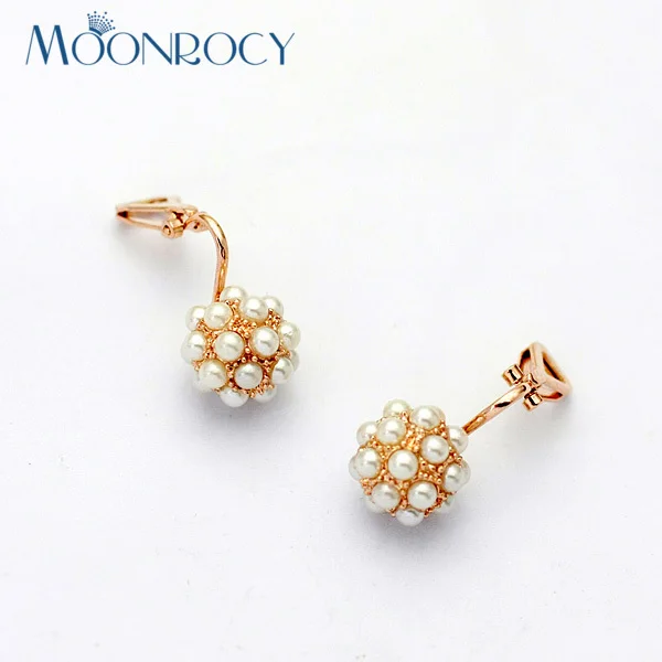 MOONROCY Free Shipping Rose Gold Color Fashion Jewelry Wholesale Earrings Clip For Women Imitation Pearl Ball Gift