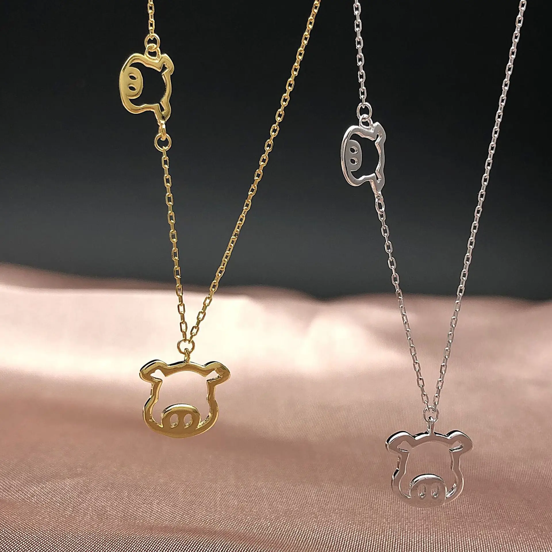 cute golden pig necklace 100% 925 Sterling silver nacklace Jewellery Clavicle chain pendant charms girl gift