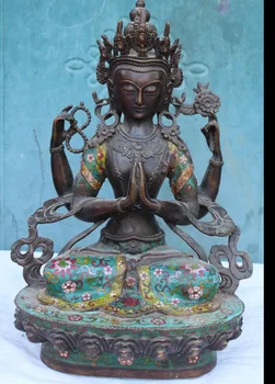 

zhaorui4884321+ +17" Chinese Tibetan Bronze Cloisonne Enamel 4 Hands Arms Chenrezig Buddha Statue