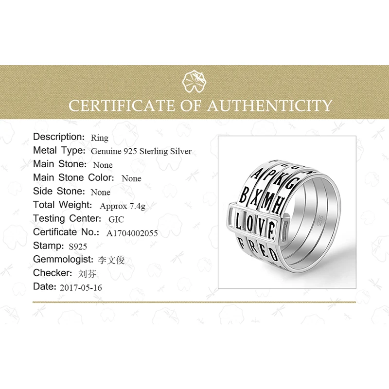 Lotus Fun Sterling Silver 925 Wide Ring for Women 2017 Unique Rotatable Letters Ring Band Fine Jewelry Size 6.5/7.5/8.5/9.5