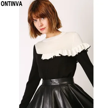 

Blue White Contrast Color Ruffles Sweater Woman Casual O Neck Long Sleeve Patchwork Pullovers Tops 2020 Wool Knitted Sweaters