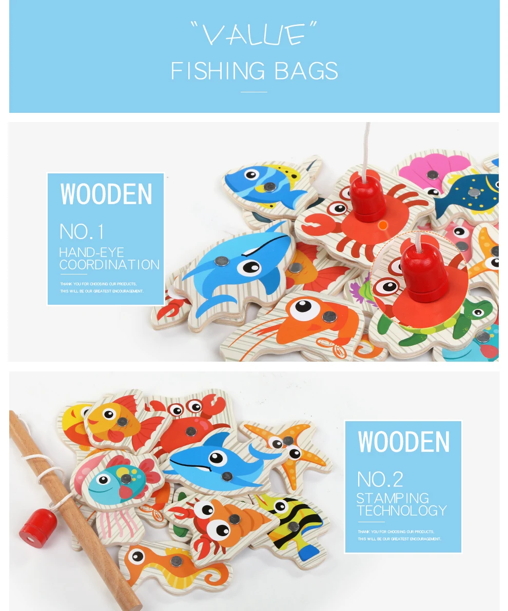 20 шт детская деревянная сумка Магнитная мультяшная морская рыболовная игрушка; развивающая игрушка Детские уличные игрушки подарок для мальчика девочки