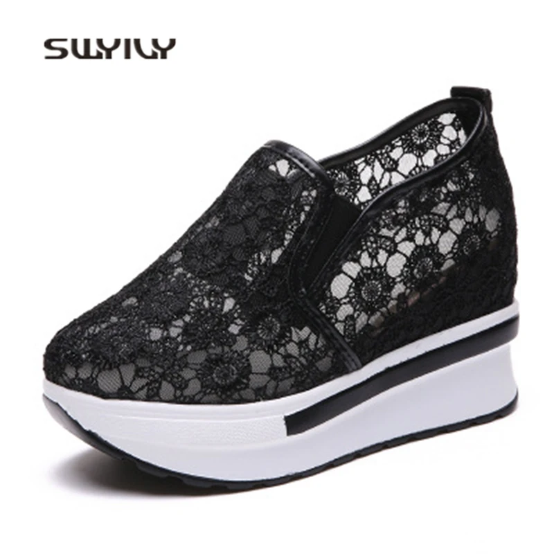 SWYIVY Women Walking Shoes Lace Breathable Inner Height 2018 New Summer Platform Non-slip Height Increasing Female Walking Shoes