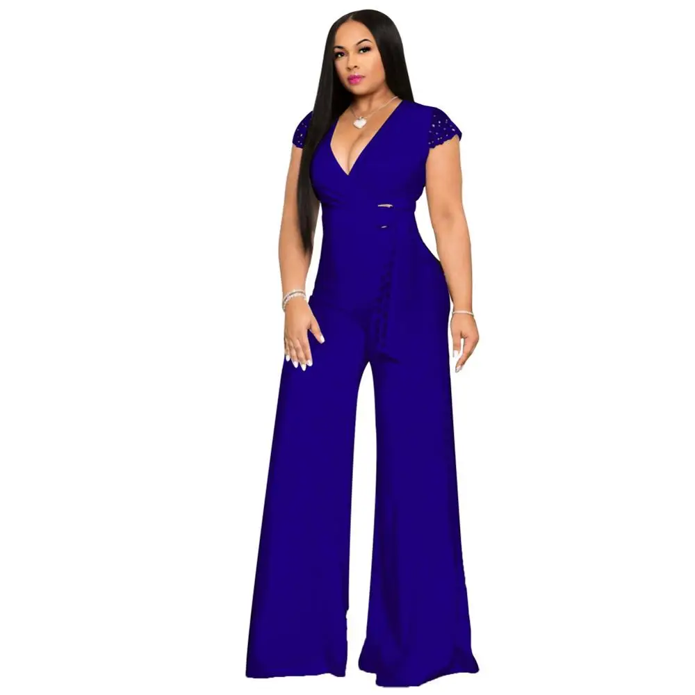 Casaul Solid Cover Shoulder Jumpsuit Women Sexy V Neck Wide Leg Pants ...