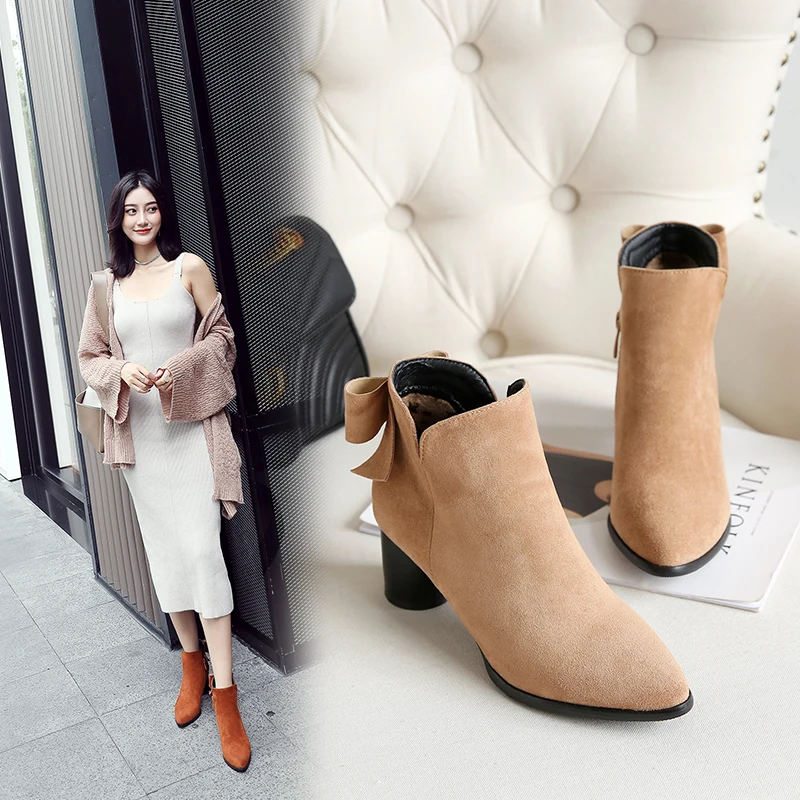 

2018 Spring Autumn Women Butterfly-knot Chelsea Boots Slip-On Med High Heels Pointed Toe Shoes Woman