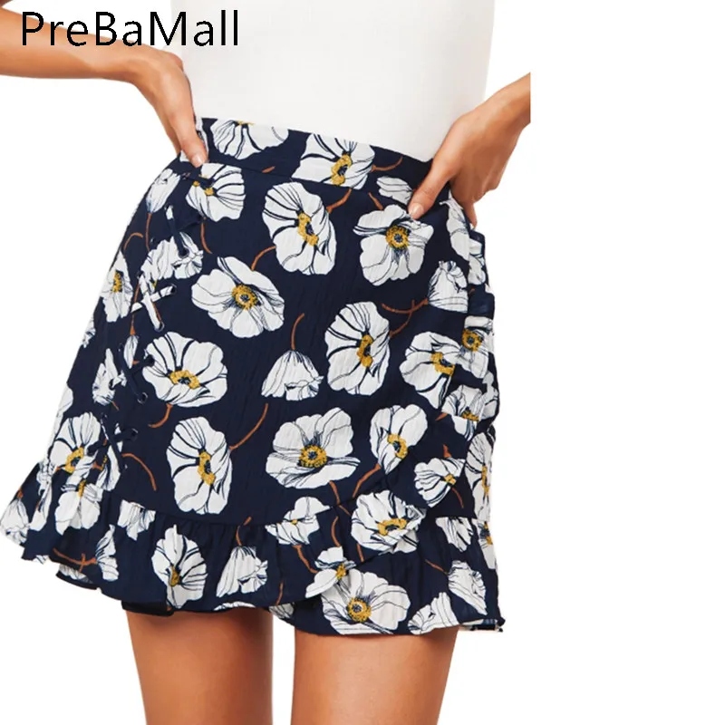 

Summer Casual Flower Printed Women Skirt Ruffle A Line High Waist Pleated Short Skirt Floral Print Beach Skirt C217