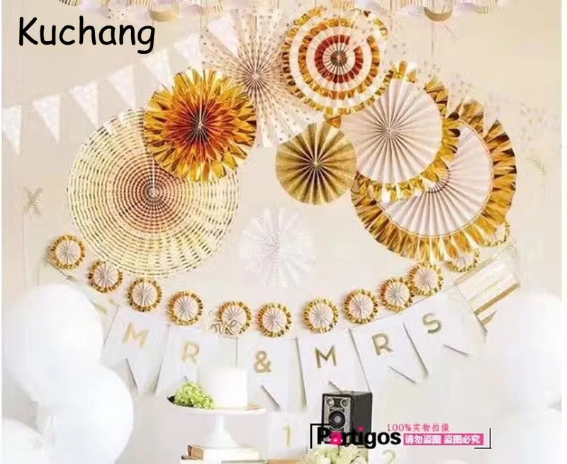 

8pcs Gold Silver Metallic Paper Fans Wedding Birthday Party Paper Fans Flower Decor Hanging Paper fan Tissue Garland Table Decor