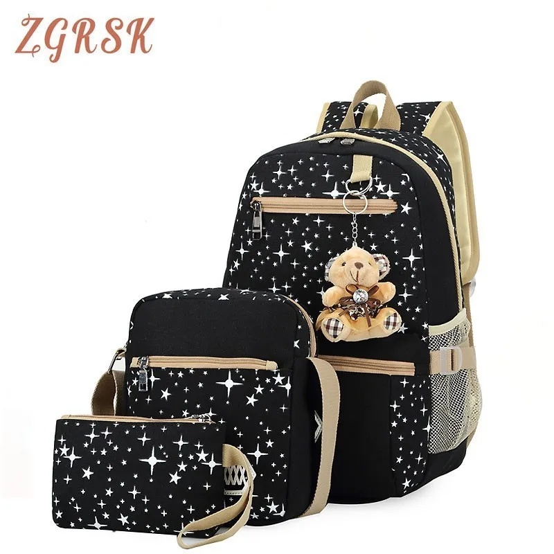 

Women 3pcs/set Canvas Backpack Bagpack Star Printing Cute Backpacks With Bear Bagpack For Teenagers Girls Back Pack Bagpack