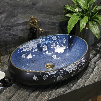 

Counter Top Wash Basin Cloakroom Hand Painted Vessel Sink Flowers and birds deep basin sink oval blue bathroom sinks