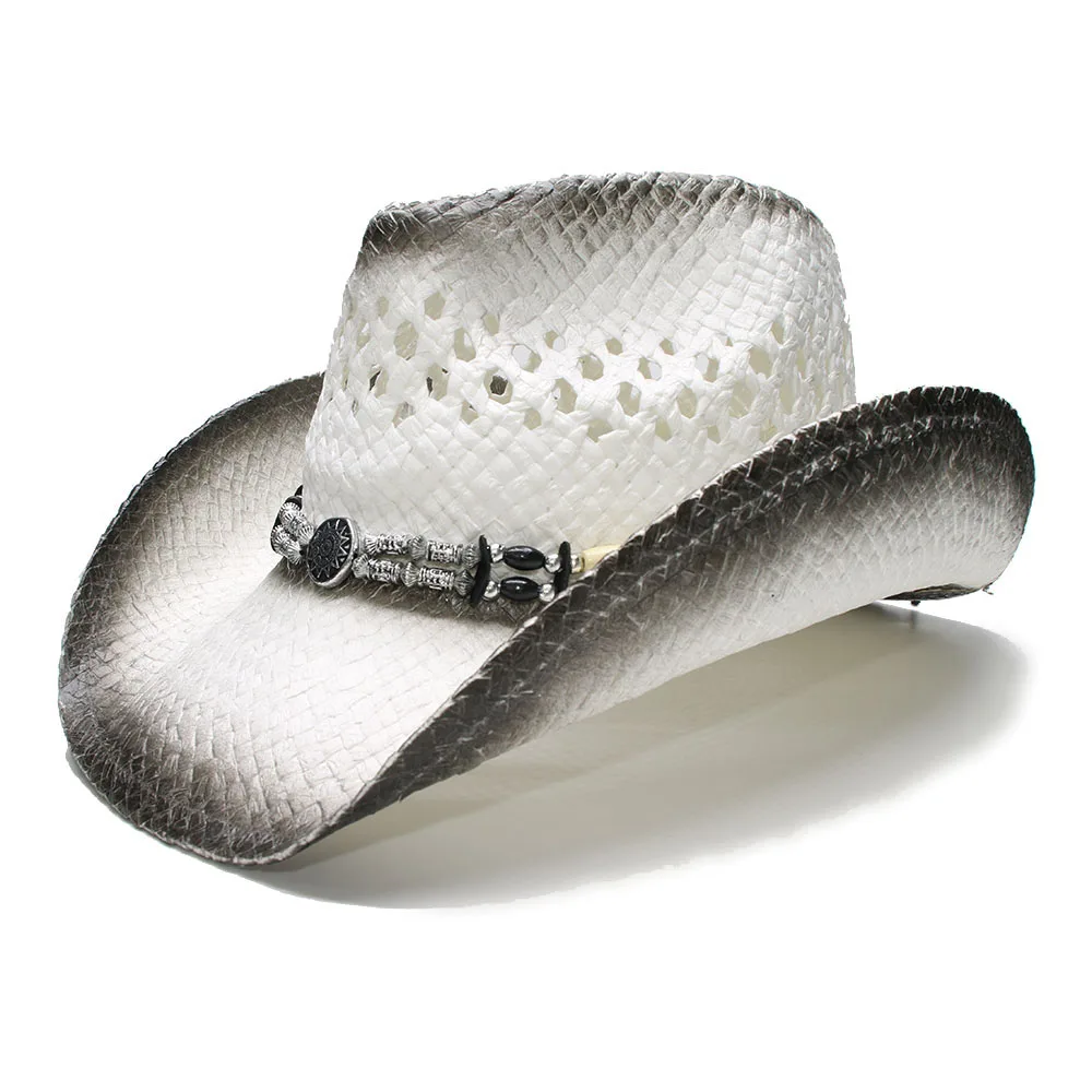 

LUCKYLIANJI Retro Women's Men's Summer Straw Beach Wide Brim Cowboy Western Cowgirl Hat Hollow Out Wood / Alloy Bead Band (58cm)