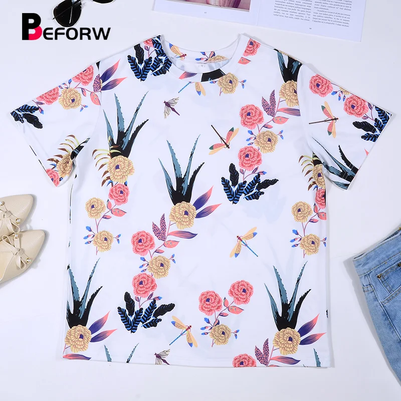 

BFEORW 2019 New Floral Print Women Summer T Shirt O Neck Short Sleeve Basic Streetwear Pullovers T Shirts Womens Casual Shirts