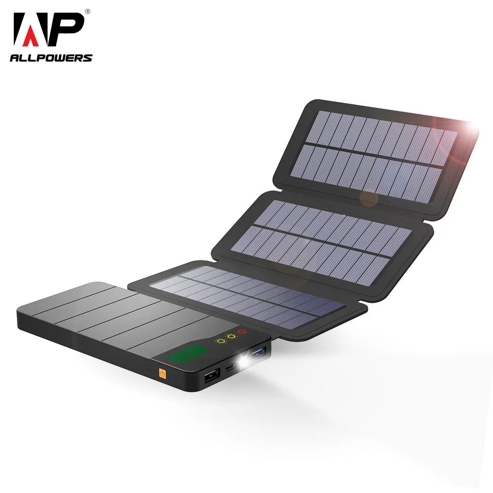 ALLPOWERS 10000mAh Solar Power Bank Solar Charger Waterproof Foldable Portable External Battery Pack for iPhone iPad Samsung HTC