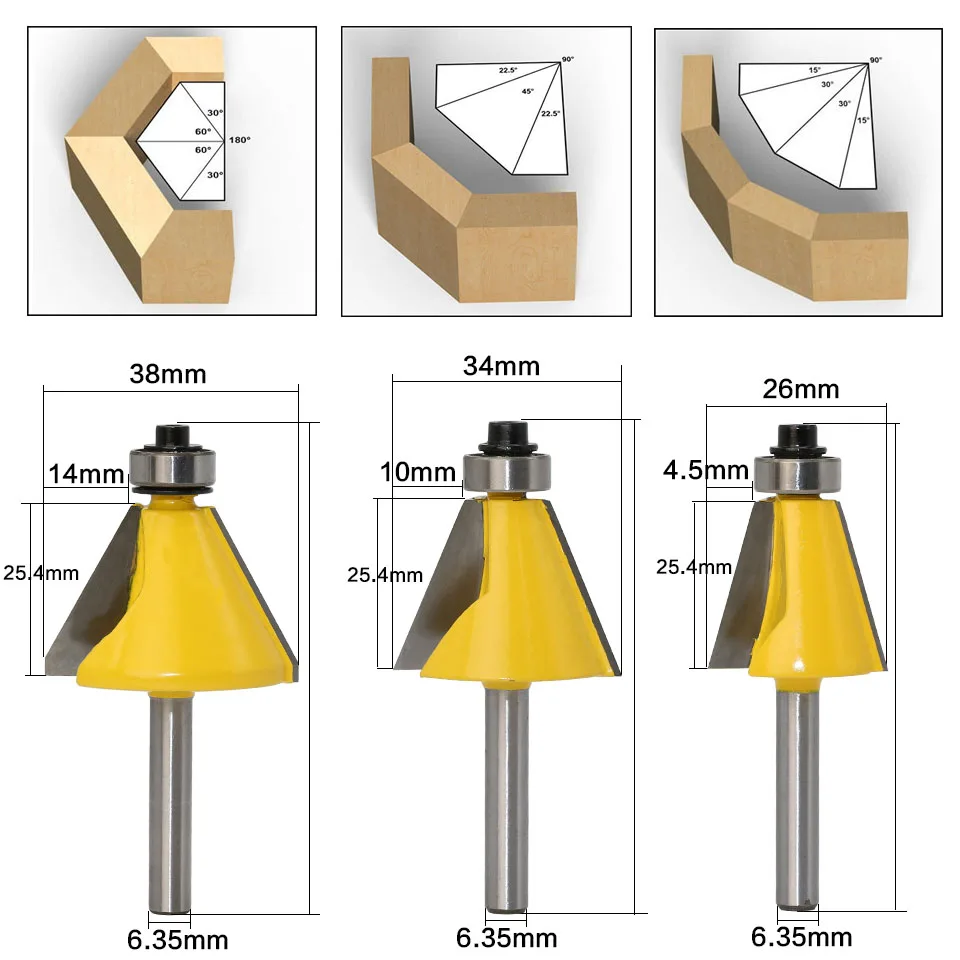 3 шт. 1/4 "1/2 хвостовика 30 градусов фаски и конических каймой фреза Деревообработка резак деревообрабатывающий Биты