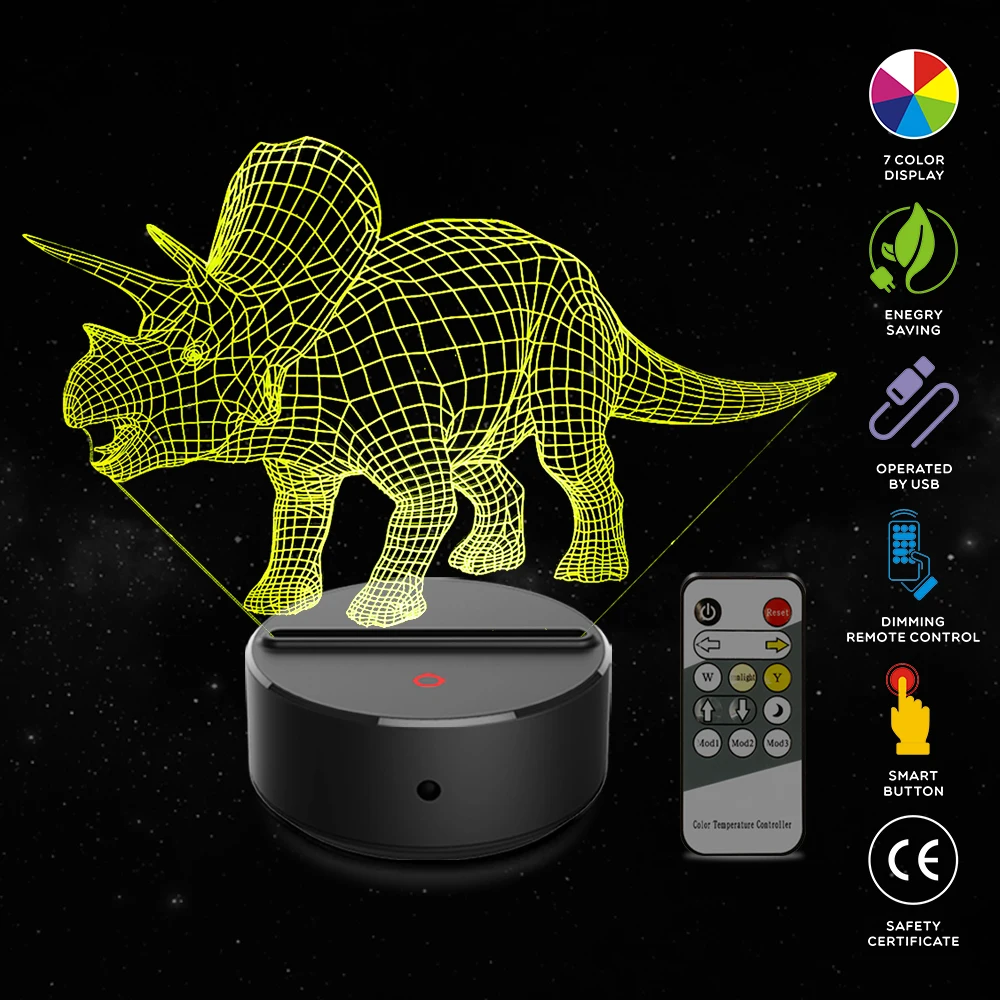 

Triceratops Shape 3D Night Light 7 Color Change Touch Switch LED Night Light Acrylic Desk Lamp Atmosphere Lamp Novelty Lighting