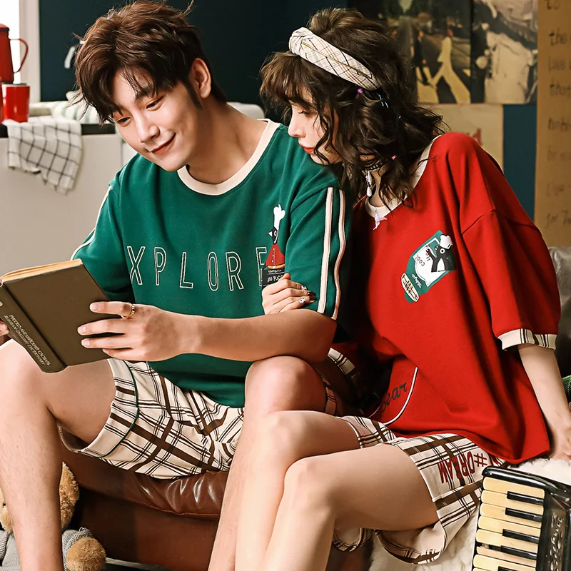 Women's Pajamas summer Cotton Pyjamas Short sleeve Couple Sleepwear lovers Men Sleep Lounge Pajama Set Cartoon Women's Pajamas summer Cotton Pyjamas Short sleeve Couple Sleepwear lovers Men Sleep Lounge Pajama Set Cartoon