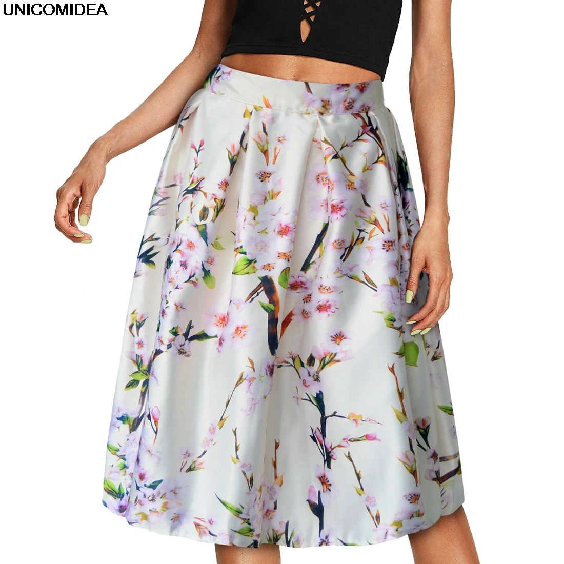 Women Vintage Plum Blossom Floral Print 3D Digital High Waist Skirt Rockabilly Retro Elegant Skirt Pleated Women Skirts Saias
