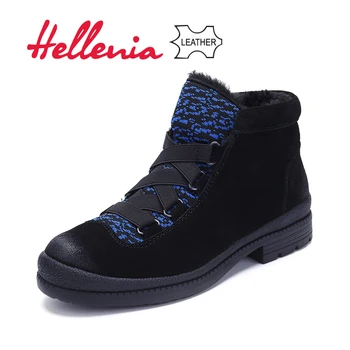 

Hellenia Ladies Warm Cow Sude Women Snow Boots Lace-up Plush Winter Shoes Round Toe Ankle Strap Snow Boots Black leather shoe