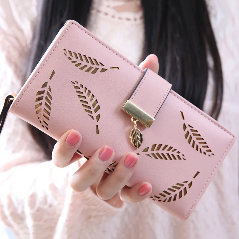  Hollow Out leaf Women Wallet  long HASP PU leather women purse korean style ladies wallet clutch beautiful 2016 card holder 
