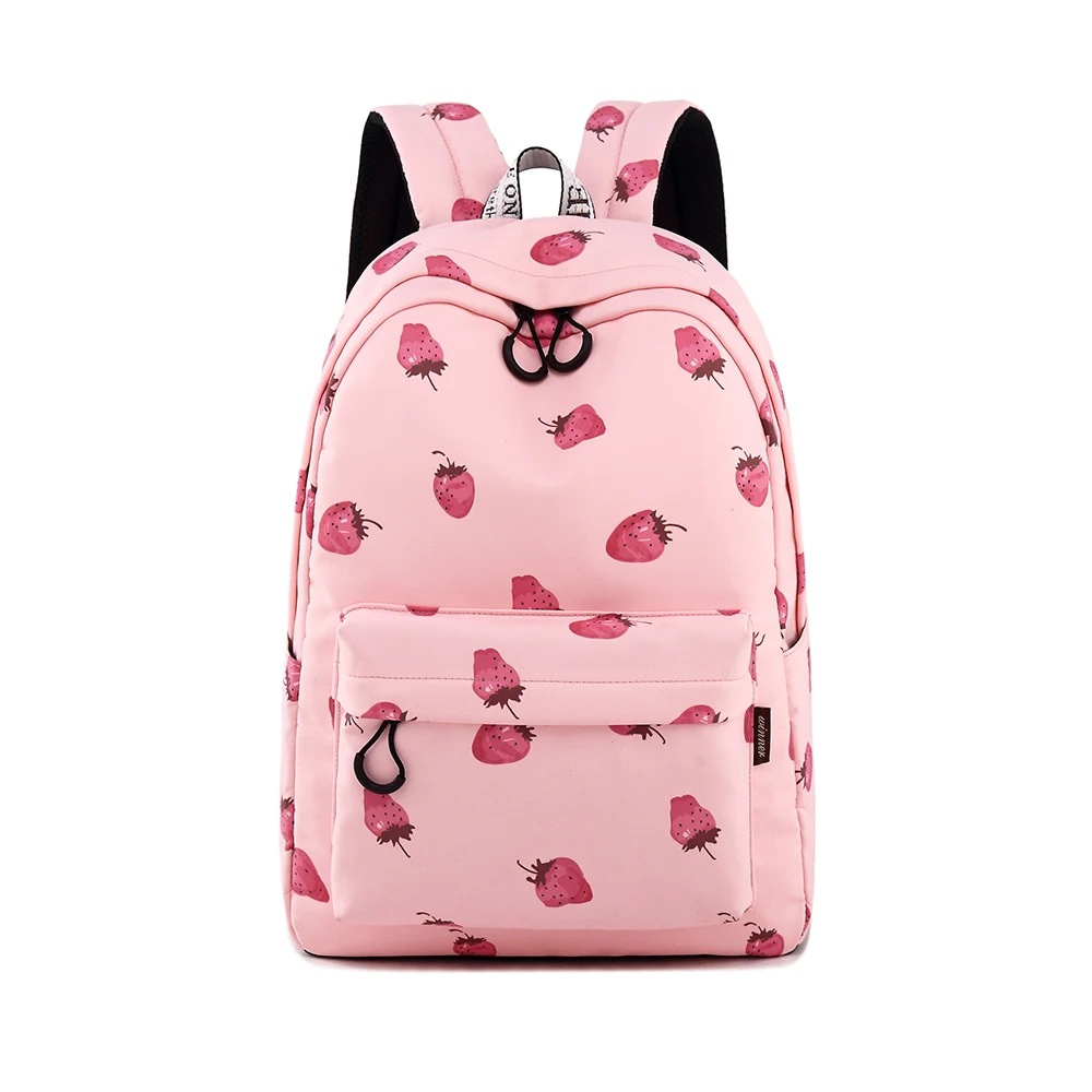 

Waterproof Pink Strawberry Print Backpack with 15.6" Laptop Sleeve Cute Bookbag for Teen Girls Women Backpack Purse