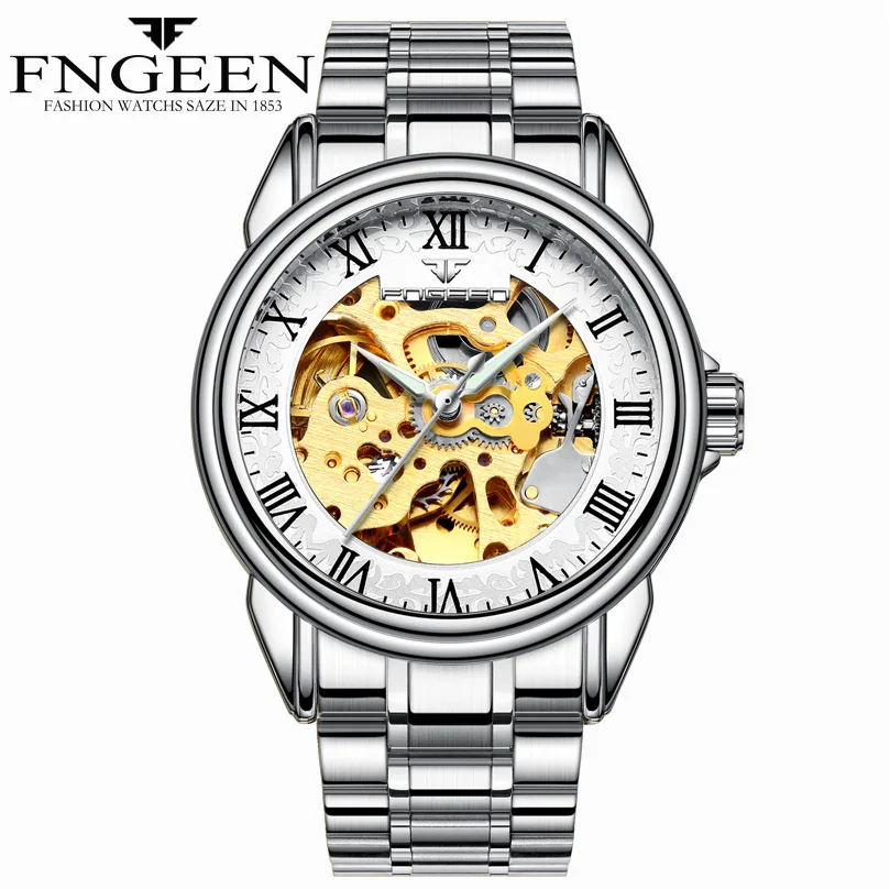 

FNGEEN Men Watch Skeleton Mechanical Male Clock Top Brand Luxury Retro Bronze Sport Military Wristwatch relogio Masculino