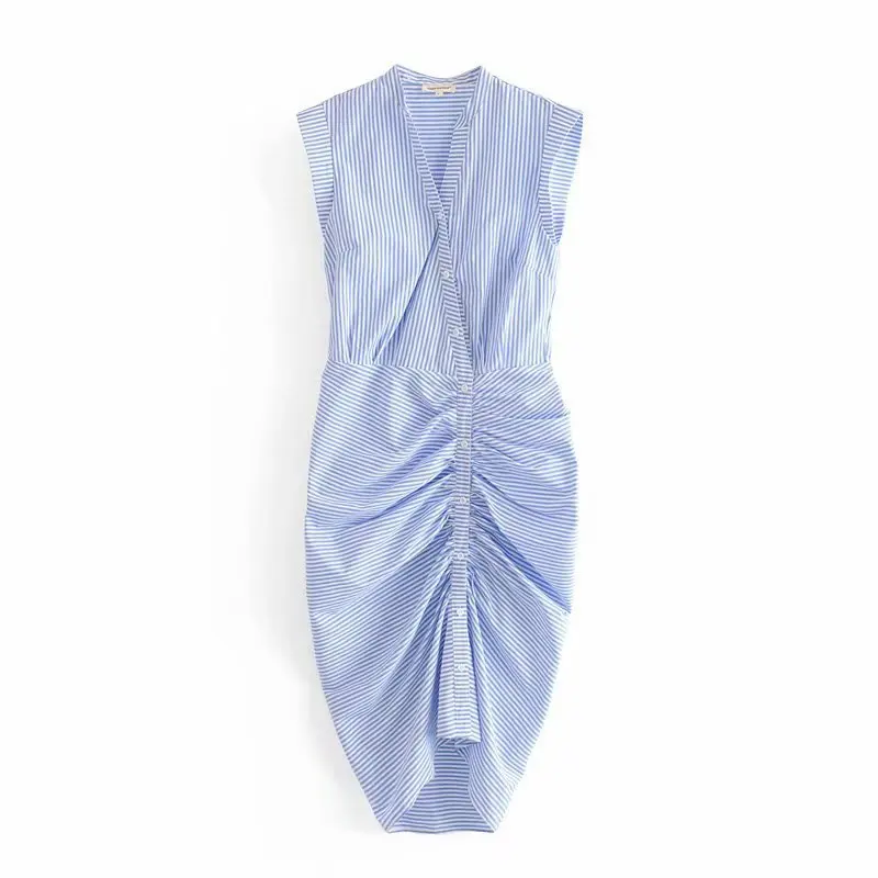 

QZ686 European Design V Neck Slim Waist Blue Striped Print Wrinkle Pleated Dress Women Vestidos
