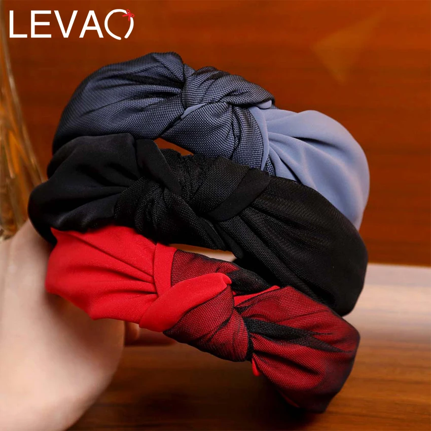 

Levao Black Elastic Mesh Hairbands Solid Fabric Simple Patchwork Headbands Female Center Knot Fashion Side Wrap Wide Head Bands