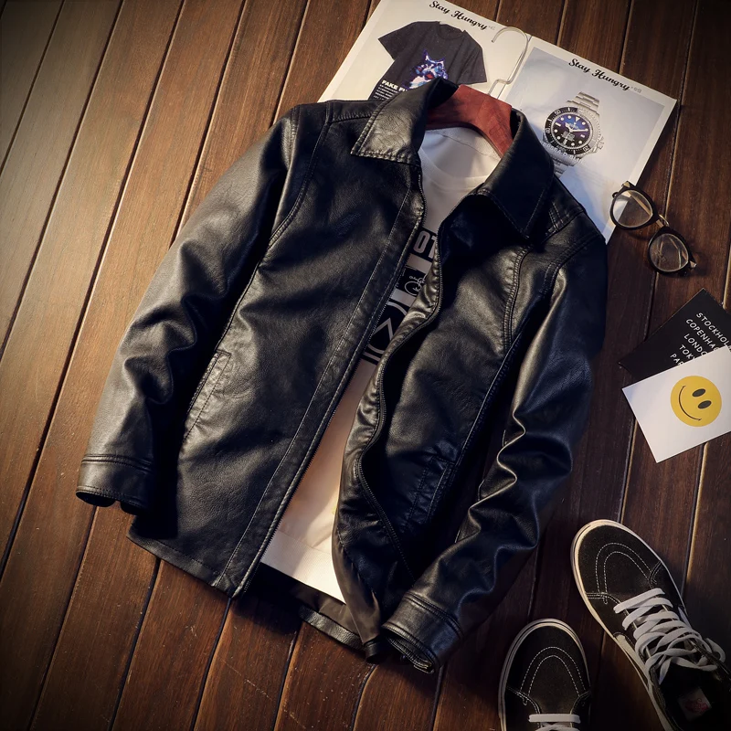  Black Long Sleeve PU Leather Jackets Mens 4XL Fashion Casual Men Motorcycle Coats Turn-down Collar 