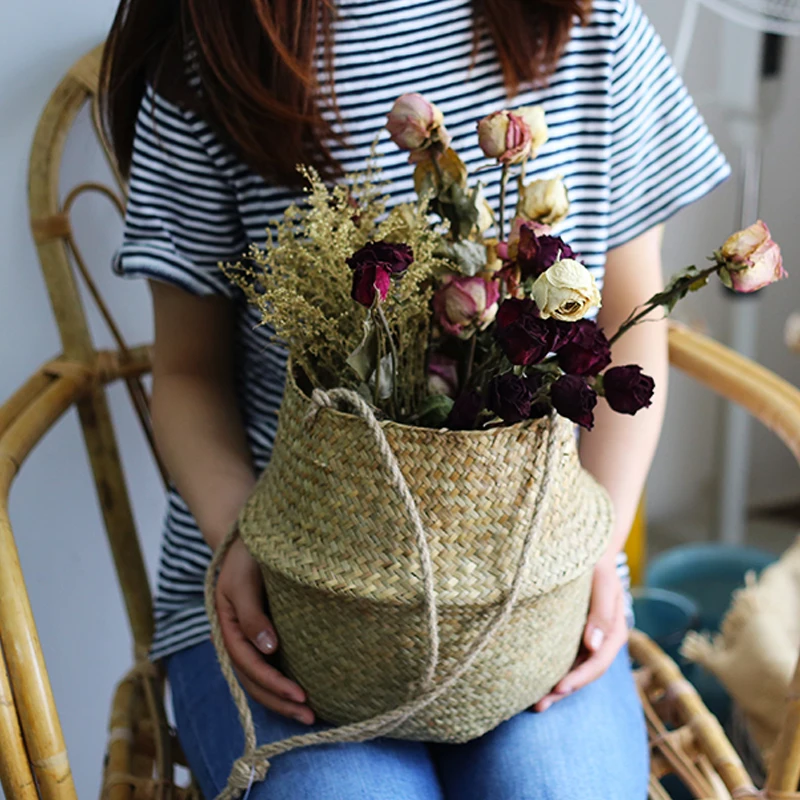 WCIC Foldable Storage Basket Laundry Hamper Picnic Baskets Storage Holder Case Seagrass Wickerwork Basket Toy Storage Organizer