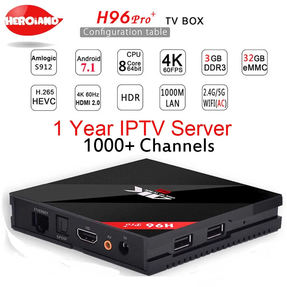 

H96 PRO + Plus Smart TV Box Amlogic S912 Mali-T820MP3 GPU 3G/32G Android 7.1 2.4G/5.8GHz Wifi Bluetooth Set Top Box Media Player