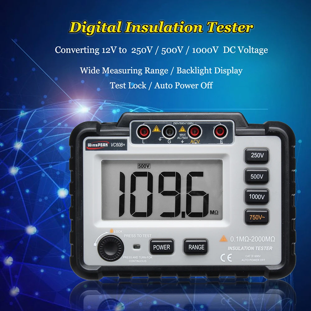 

250/500/1000V DC Lightweight Wide Range LCD Backlight VC60B+ Digital Insulation Resistance Tester Megger MegOhm Meter