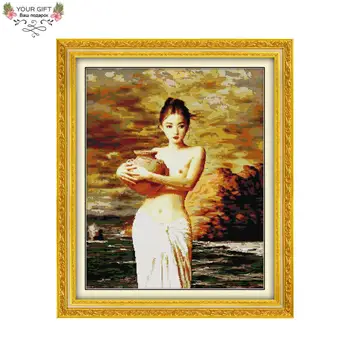 

Joy Sunday Free Shipping Counted and Stamped Girl Holding Pottery Embroidery Cross Stitch kits for Home Decoration R003