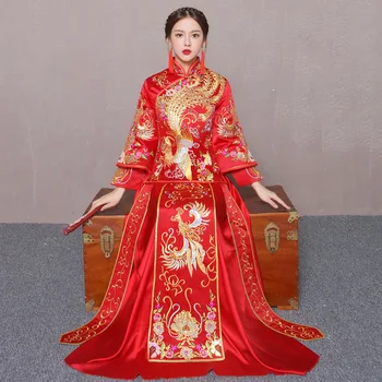 

Oversea Chinese Lady Qipao Bride Wedding Dress Gown Oriental Phoenix SuZhou Embroidery Vintage Cheongsam Han Fu Clothing Suit