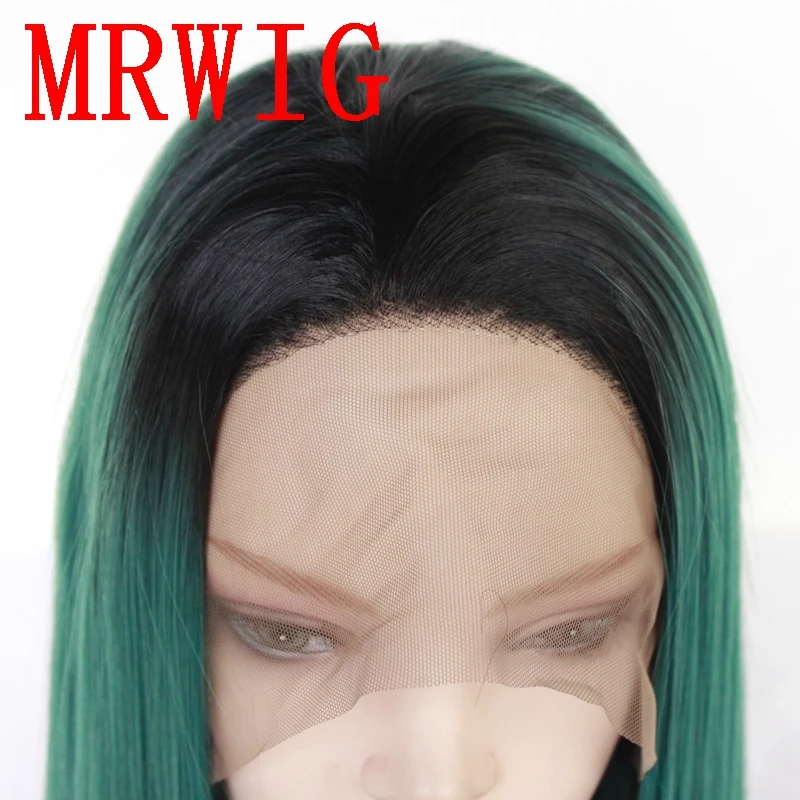 MRWIG  Black Ombre Green Short Dark Roots Long Straight Synthetic Glueless Front Hair Wig African Americans