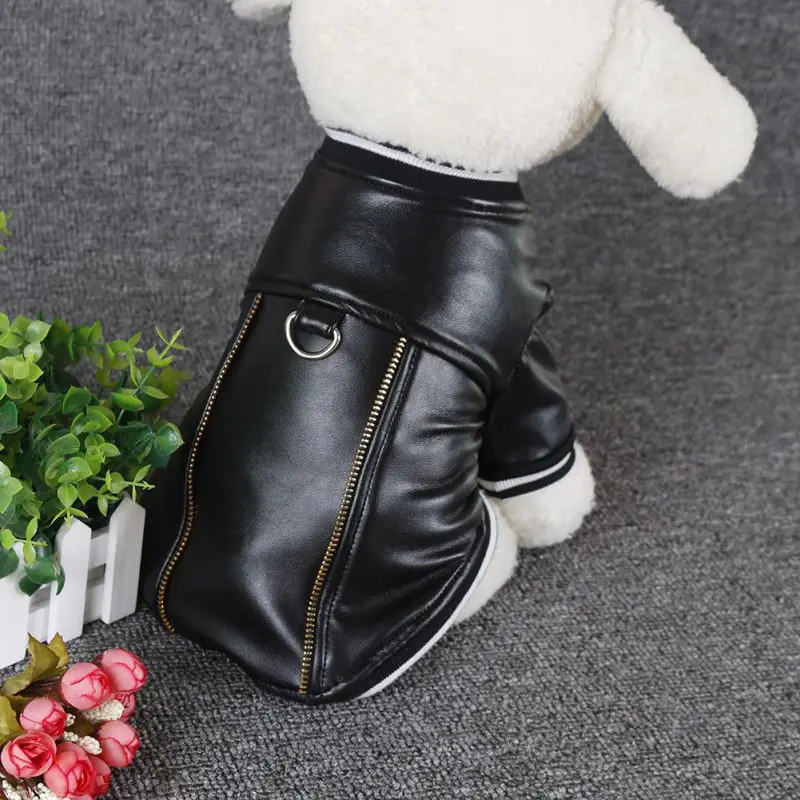 PU Pet Cashmere Warm Leather Coat Jacket Clothes for Dogs Puppy Fashion Costume with Traction Rope Buckle