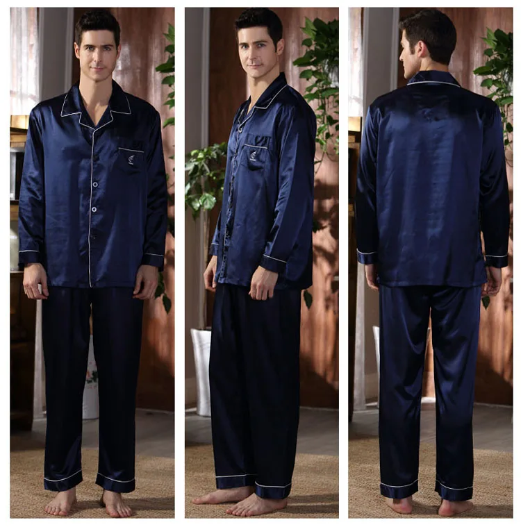Middle Aged Men's Spring Autumn Pajamas Suits Two Piece Fake Silk Pajama Thin Night Wearing Clothes For Men 2018 New JW330 (3)