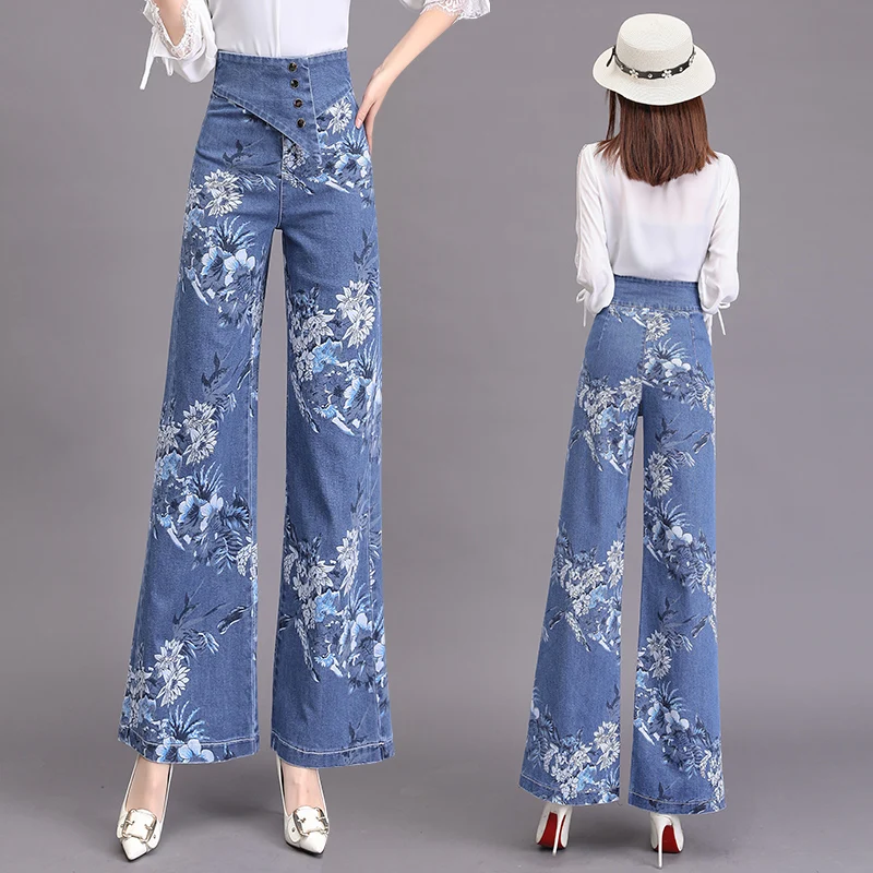Весна-осень, модные женские джинсовые брюки с высокой талией, с цветочным рисунком, широкие брюки, лето, 3xl, джинсовые брюки для женщин