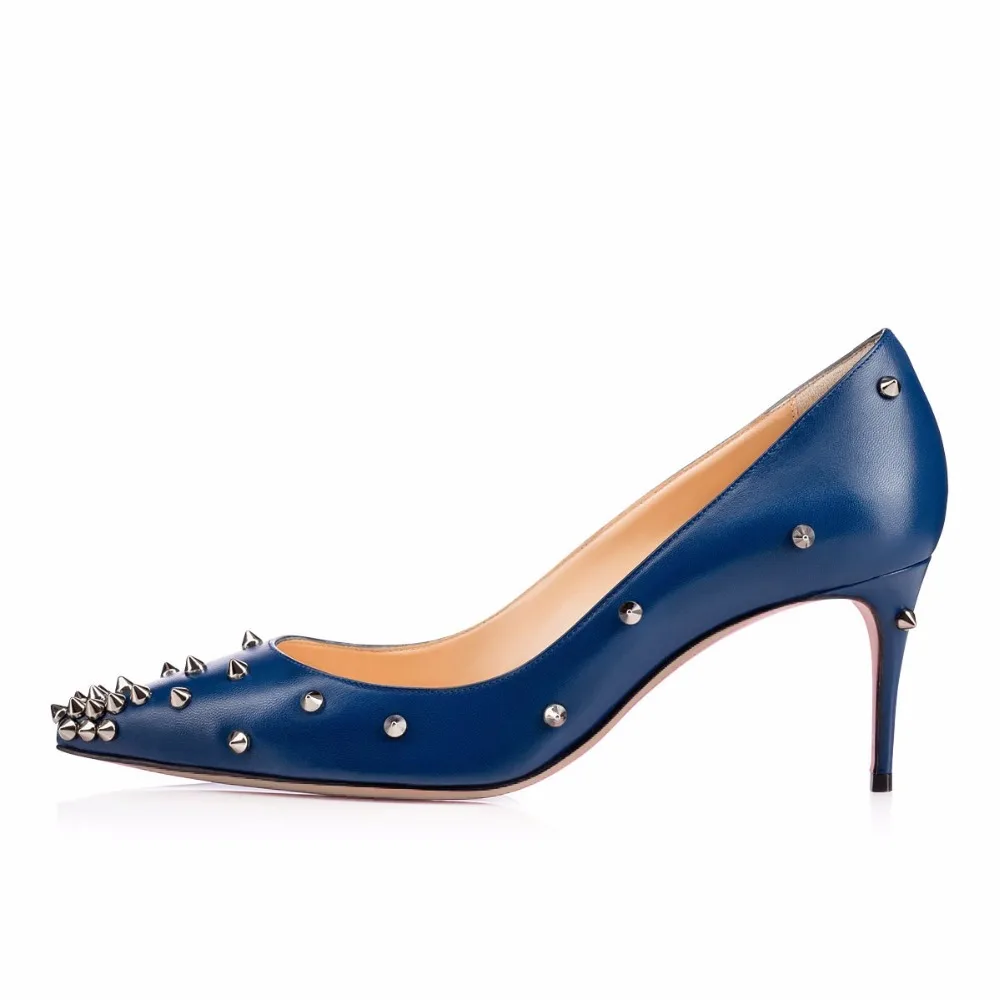 

Isastyle 2016 New fashion Women's Pointed Toe Solid Thin Low Heel Ladies Shoes with rivets Pumps Big Size 4-15.5