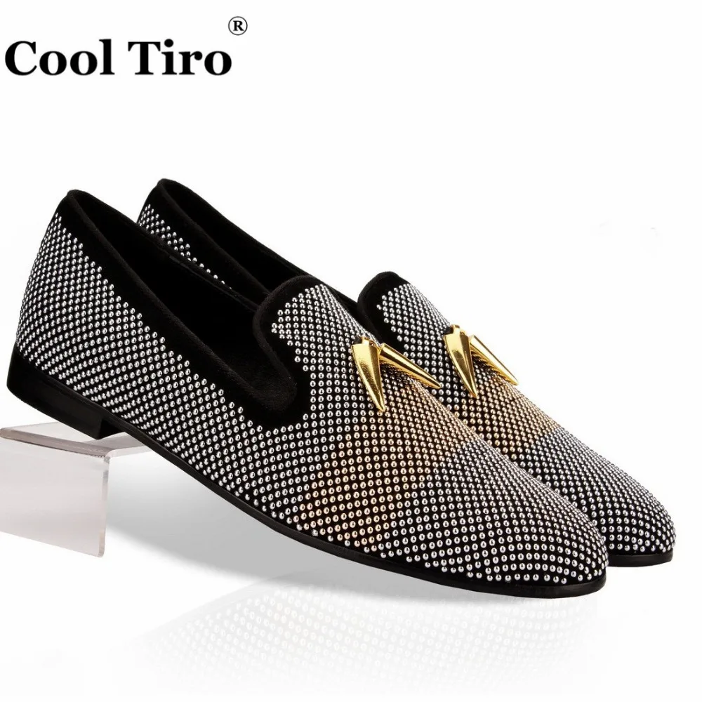 

COOL TIRO Black Suede Mix Rhinestones Loafers Men Slippers Shoes Fashion Party Men's Dress flats Genuine Leather Plus Size