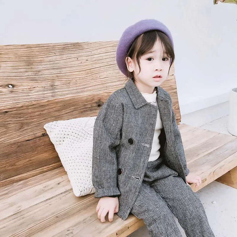 

Kids Clothes New Winter Children Clothing Sets Baby Girl Boy Cotton Thick Double-breasted Plaid Blazer Coat+Pant 2pc Blazer Suit