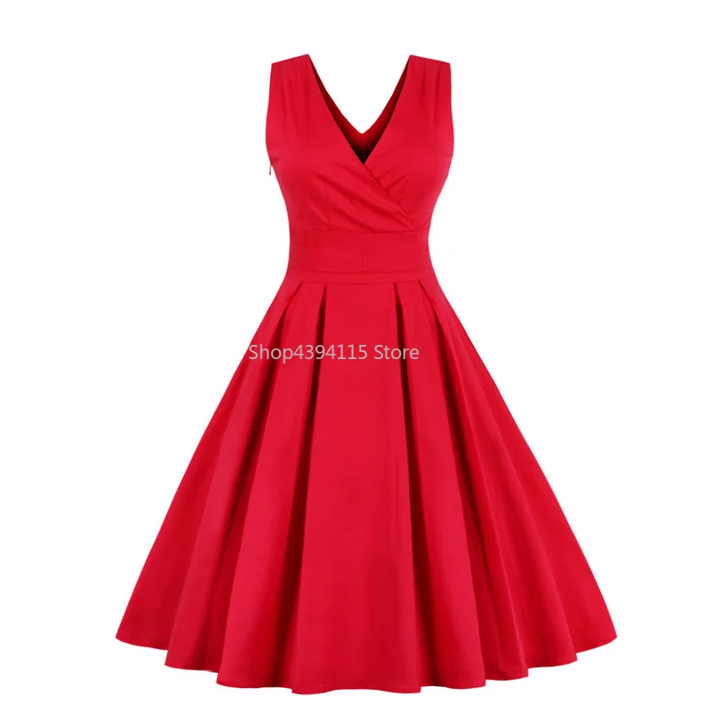 

Light Blue Red Pleated Plain Vintage Dress Women 2019 Sexy V Neck Party Dress Elegant Retro Summer Cotton Dresses
