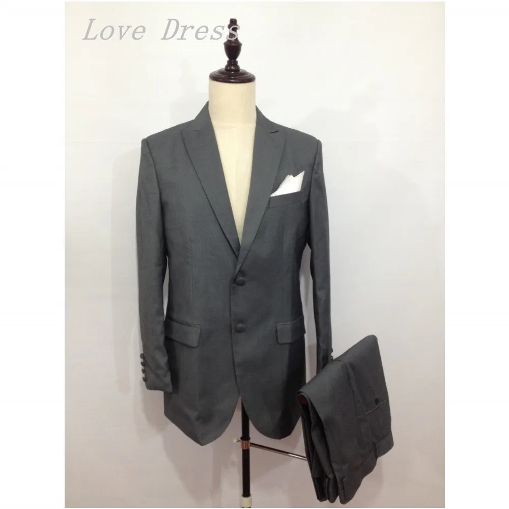 Free shipping Dark Gray Men Suits Peaked Lapel Groomsman Men Wedding