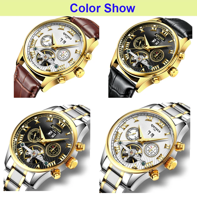 KINYUED الأعمال الميكانيكية الساعات رجل الهيكل العظمي توربيون التلقائية ووتش الرجال الذهب الصلب تقويم للماء Relojes هومبر