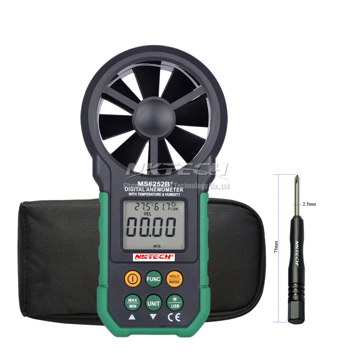 NKTECH MS6252B LCD Digital Anemometer Wind Speed Meter Air Flow Volume Ambient Temperature Humidity USB Data