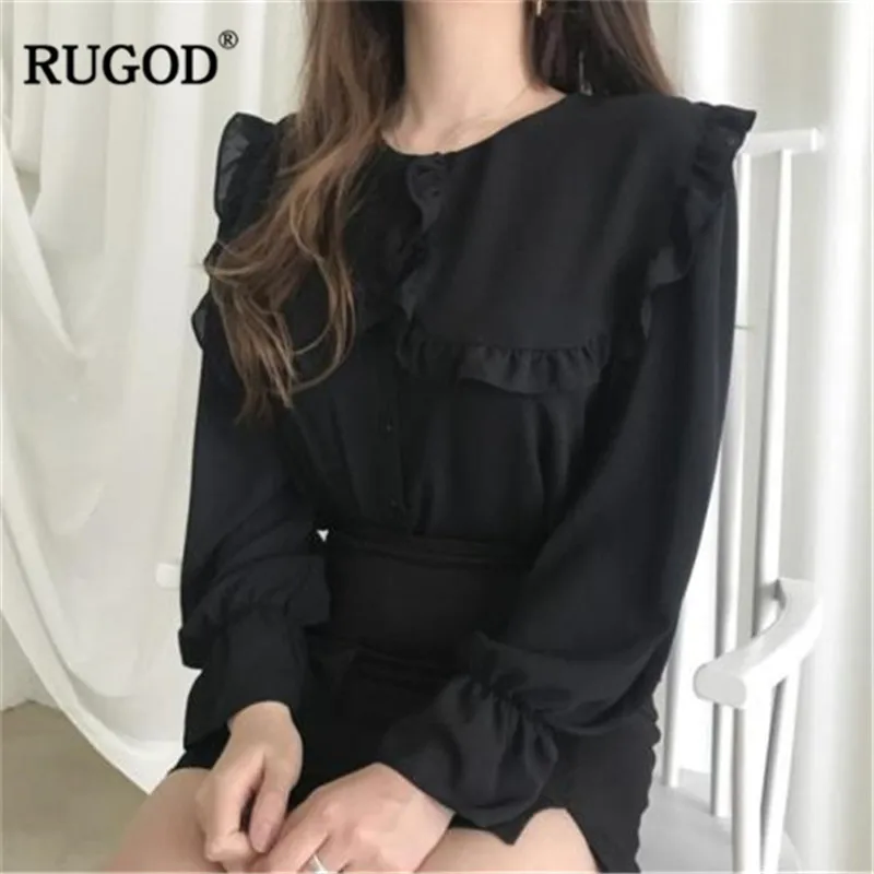 Женская шифоновая блузка RUGOD однотонная с оборками и длинным рукавом круглым