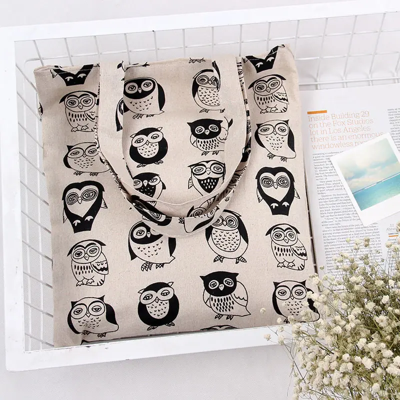 

YILE Handmade Cotton Linen Eco Reusable Shopping Tote Carrying Bag Black Owls L258 NEW