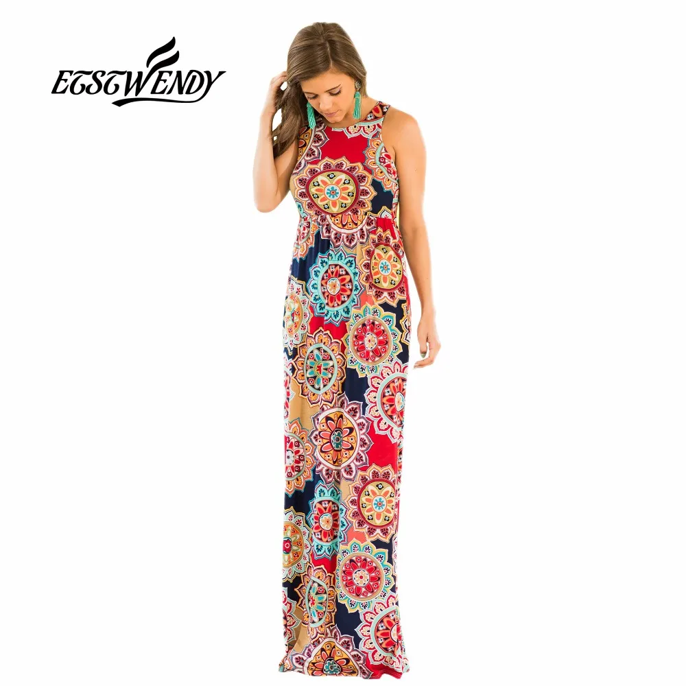 

Fashion O-Neck Casual Dresses Summer 2019 Women Boho Maxi Dress Sleeveless High Waist Vintage Long Dress Elegant Women Clothes