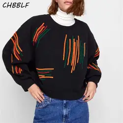 CHBBLF для женщин Мода Вышивка толстовка основные с длинным рукавом Пуловеры для женские уличная топы корректирующие CDC8865